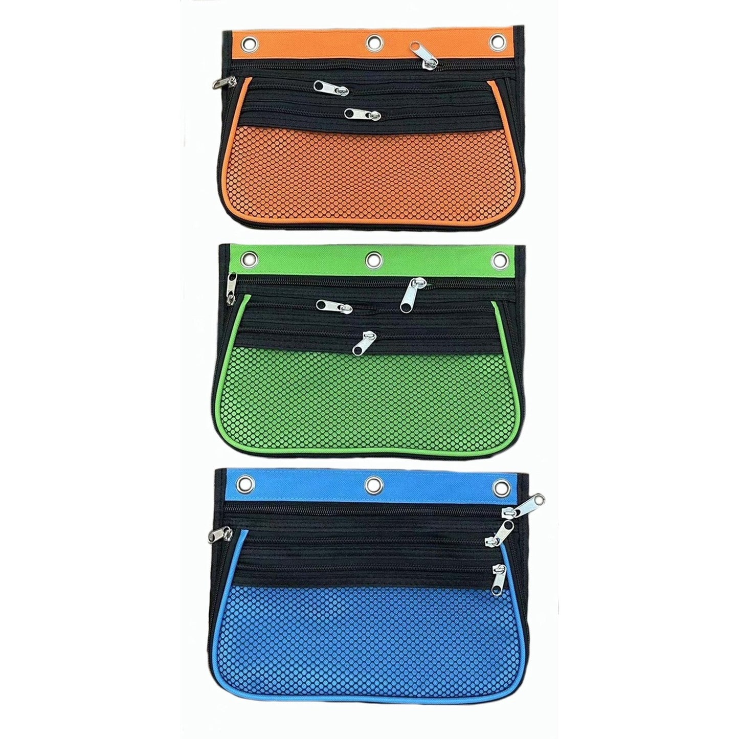 CLI Triple-pocket Pencil Pouches 10.3" Height x 7.3" Width - Ring Binder - Green, Orange, Blue - Nylon - 24 / Display Box (76365ST)