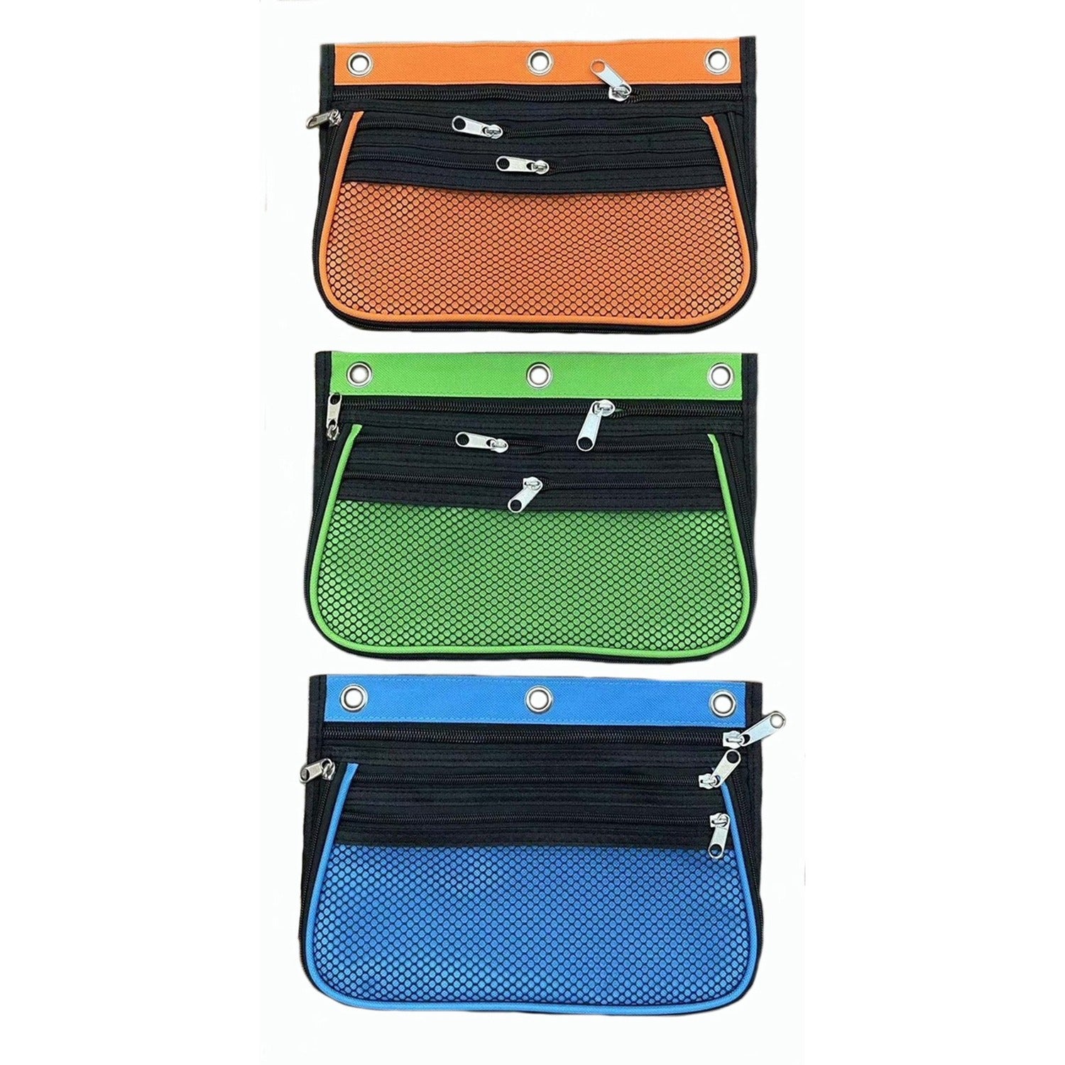CLI Triple-pocket Pencil Pouches 10.3" Height x 7.3" Width - Ring Binder - Green, Orange, Blue - Nylon - 24 / Display Box (76365ST)