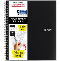 Acco Five Star Notebook 5 Subject(s) - 200 Sheets - Wire Bound - College Ruled Front Ruling - 3 Hole(s) - Letter - 8 1/2" x 11" Sheet Size - Black Cover - Bleed Resistant, Pocket, Perforated, Water Resistant, Spiral Lock, Acid-free, Pocket Divider (72081)