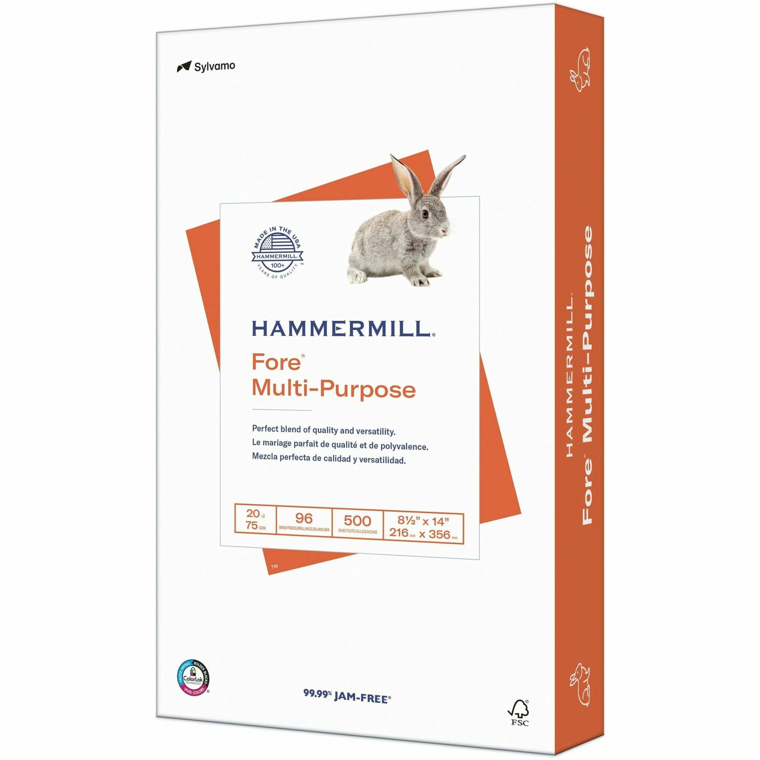 Hammermill Fore Multi-Purpose 20 lb. Paper 96 Brightness - 90% Opacity - 8 1/2" x 14" - 20 lb Basis Weight - 75 g/m² Grammage - Jam-free, ColorLok Technology, Acid-free, Fast-drying, Double-sided - White - 500 Sheets per Ream - 10 / Carton (103291CT)