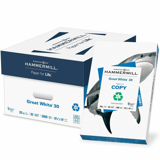 Hammermill Great White 30 Copy Paper 92 Brightness - 88% Opacity - 8 1/2" x 14" - 20 lb Basis Weight - 75 g/m² Grammage - Acid-free, Jam-free - White - 500 Sheets per Ream - 10 / Carton (86704CT)