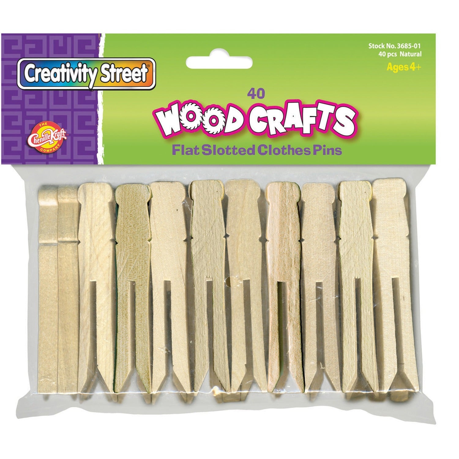 Creativity Street Flat-Slotted Clothespins 3.8" Length - Natural - Wood - 40 / Pack (368501)