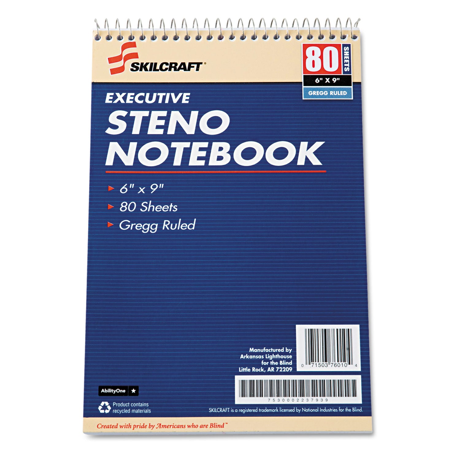 AbilityOne 7530002237939, SKILCRAFT Executive Steno Notepad, Gregg Rule, 80 White 6 x 9 Sheets, 12/Pack