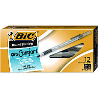 BIC Round Stic Grip Xtra Comfort Ballpoint Pen, Stick, Fine 0.8 mm, Black Ink, Gray/Black Barrel, Dozen (GSFG11BK)