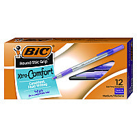 BIC Round Stic Grip Xtra Comfort Ballpoint Pen, Easy-Glide System, Stick, Medium 1.2 mm, Purple Ink, Gray/Purple Barrel, Dozen (GSMG11PE)