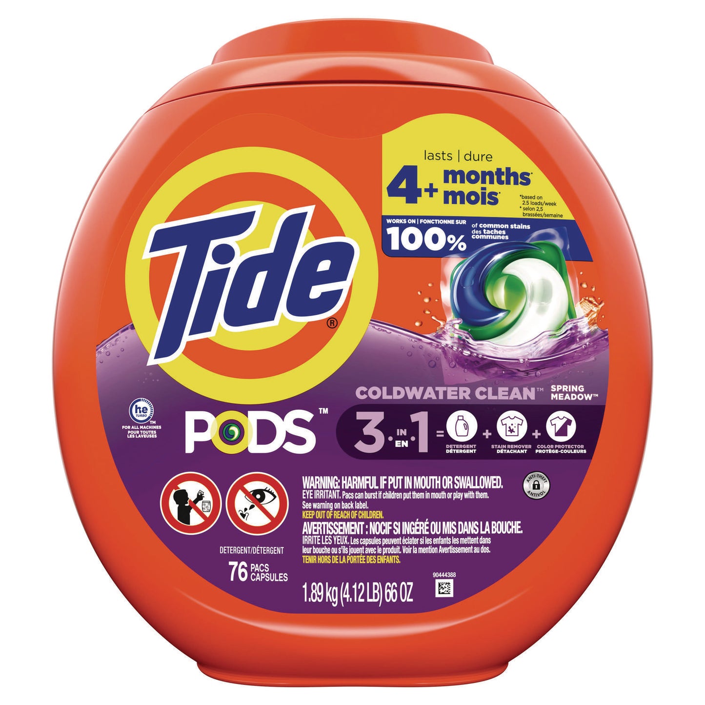 Tide PODS Laundry Detergent, Spring Meadow, 66 oz Tub, 76 Pacs/Tub, 4 Tubs/Carton (09166CT)