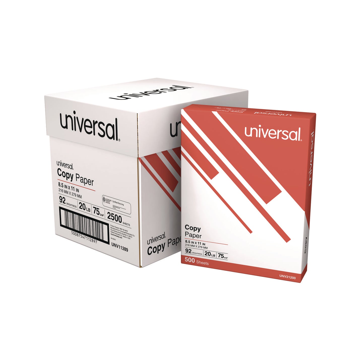 Universal Copy Paper Convenience Carton, 92 Bright, 20 lb Bond Weight, 8.5 x 11, White, 500 Sheets/Ream, 5 Reams/Carton (UNV11289)