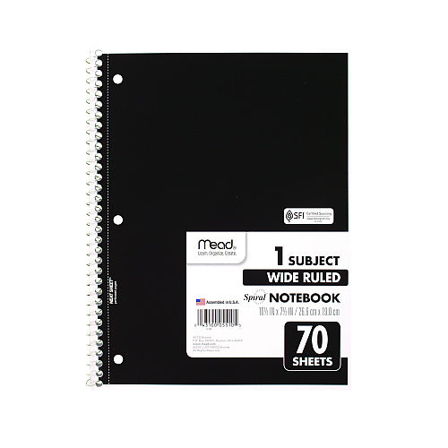 Mead Spiral Notebook, 1 Subject, Wide Rule, Assorted Covers, 10.5 x 7.5, 70 Sheets