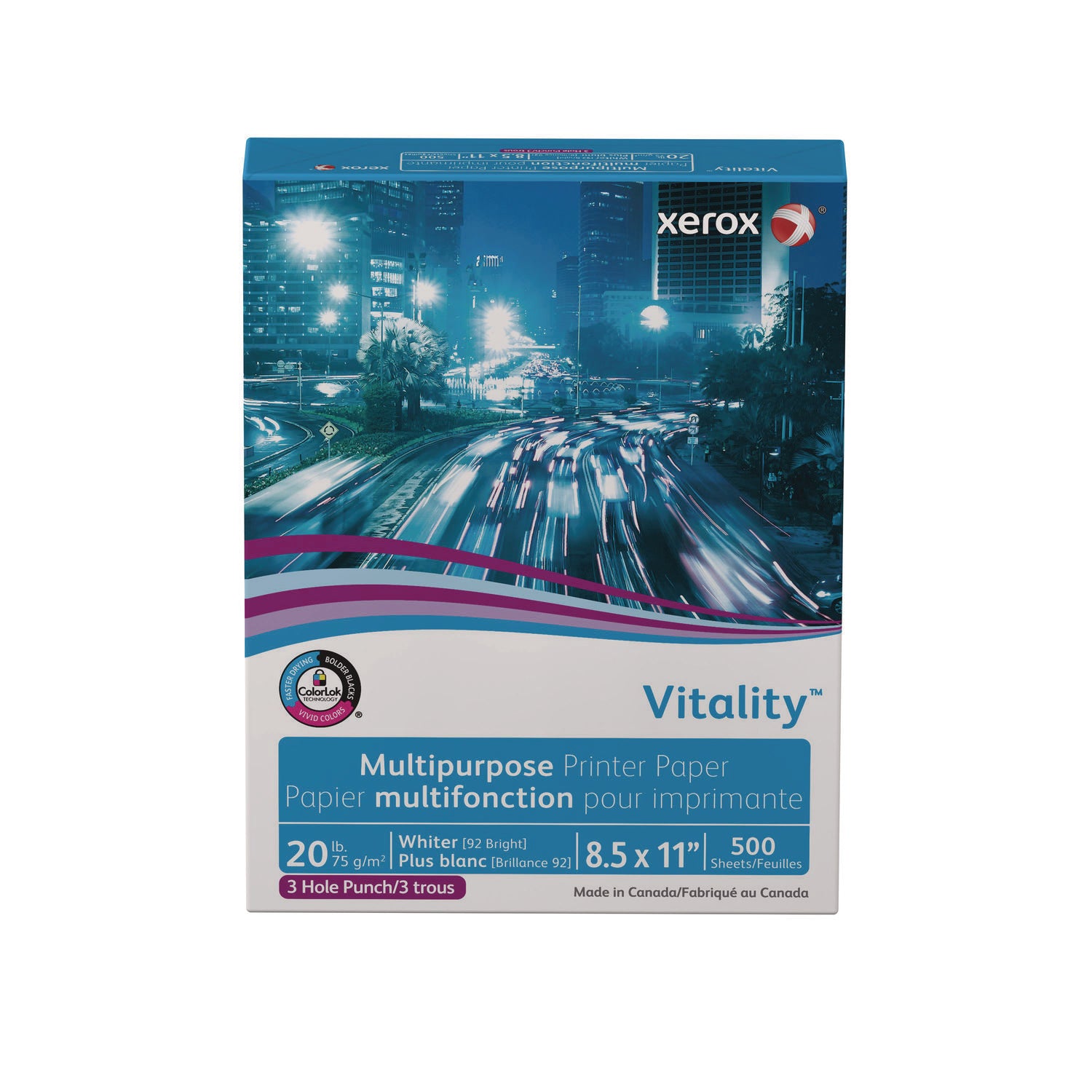 Xerox Vitality Multipurpose Print Paper, 92 Bright, 3-Hole, 20 lb Bond Weight, 8.5 x 11, White, 500/Ream (3R02641RM)