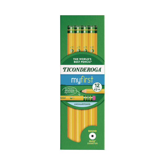 Dixon Ticonderoga Beginners Woodcase Pencil with Eraser and Microban, HB (#2), Black Lead, Yellow Barrel, 12/Pack (133080002)