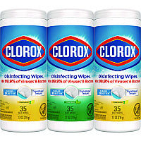Clorox Disinfecting Wipes, 1-Ply, 7 x 8, Fresh Scent/Citrus Blend, White, 35/Canister, 3 Canisters/Pack (30112)