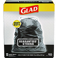 Glad Guaranteed Strong Large Drawstring Trash Bags, Three-Ply, 30 gal, 1.05 mil, 30" x 33", Black, 90/Carton (78952)