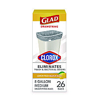Glad Medium Drawstring Trash Bags with Clorox, 8 gal, Lemon Fresh Bleach Scent, 0.74 mil, 23" x 21.63", Gray, 26/Box (79316)