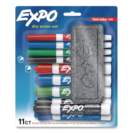 EXPO Low-Odor, Dry Erase 10-Color Marker and Eraser Set, Broad Chisel/Fine Bullet Tips, Assorted Colors, 11 Pieces/Set (2211243)