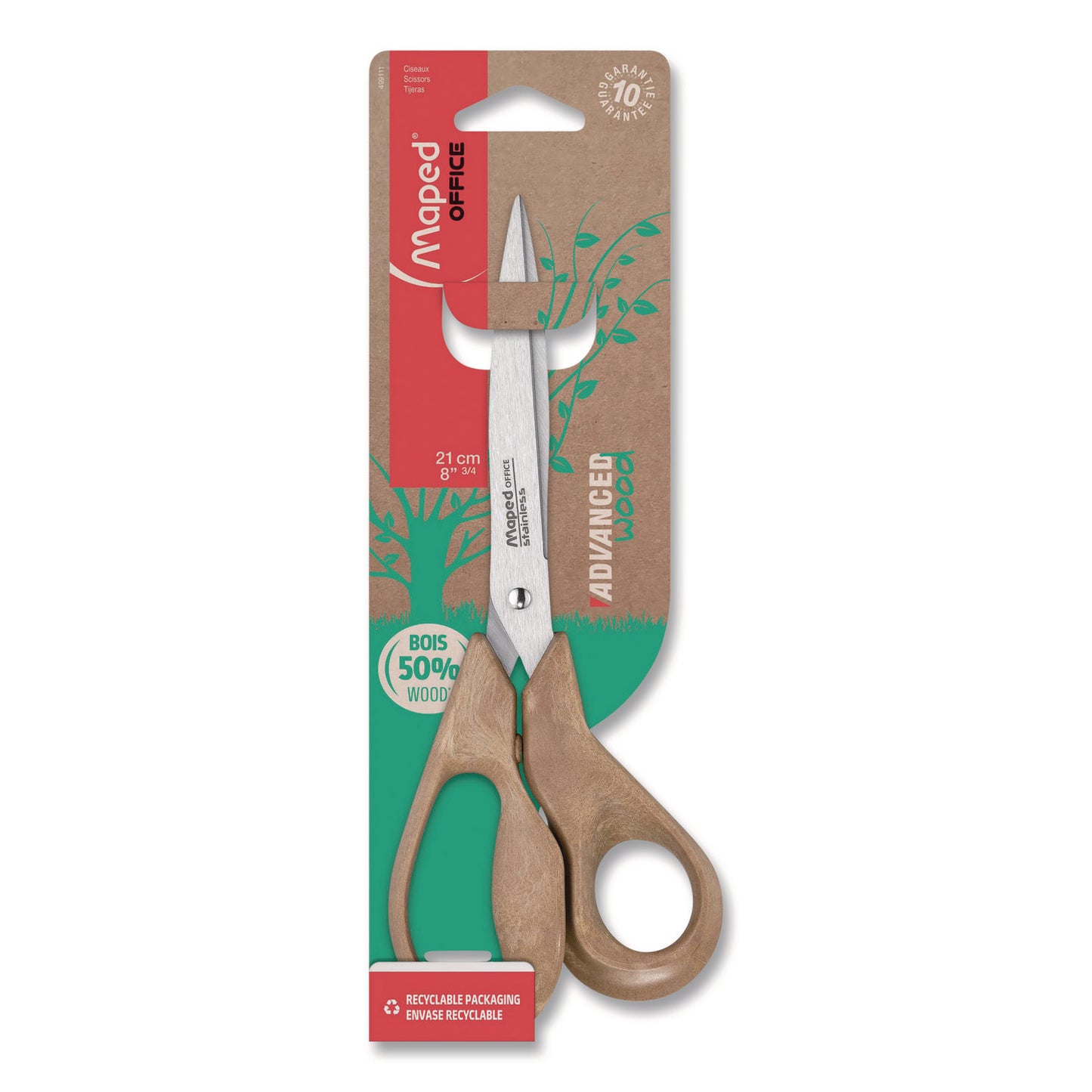 Maped Helix Advanced Wood Multipurpose Scissors, 8.25" Long, 4.75" Cut Length, Straight Brown Handle (499111FM)
