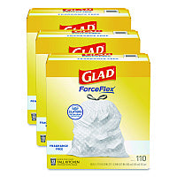 ForceFlex Kitchen Drawstring Trash Bags, Drawstring, 13 gal, Unscented, 23.47 x 25.38, White, 110 Bags/Box, 3 Boxes/Carton