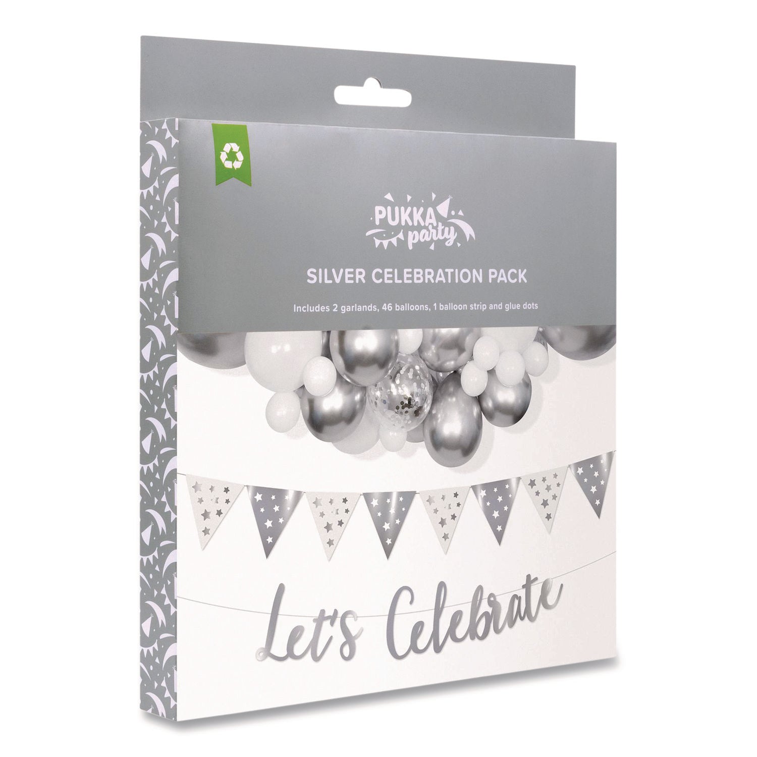 PUKKA PAD Silver and White Balloon Arch/Garland Party Pack, 46 Balloons, Balloon Strip, 2 Garlands, Glue Dots, Let's Celebrate Message (650)