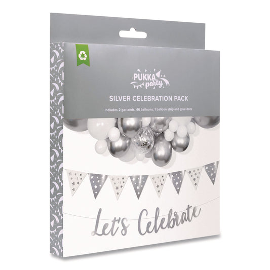 PUKKA PAD Silver and White Balloon Arch/Garland Party Pack, 46 Balloons, Balloon Strip, 2 Garlands, Glue Dots, Let's Celebrate Message (650)