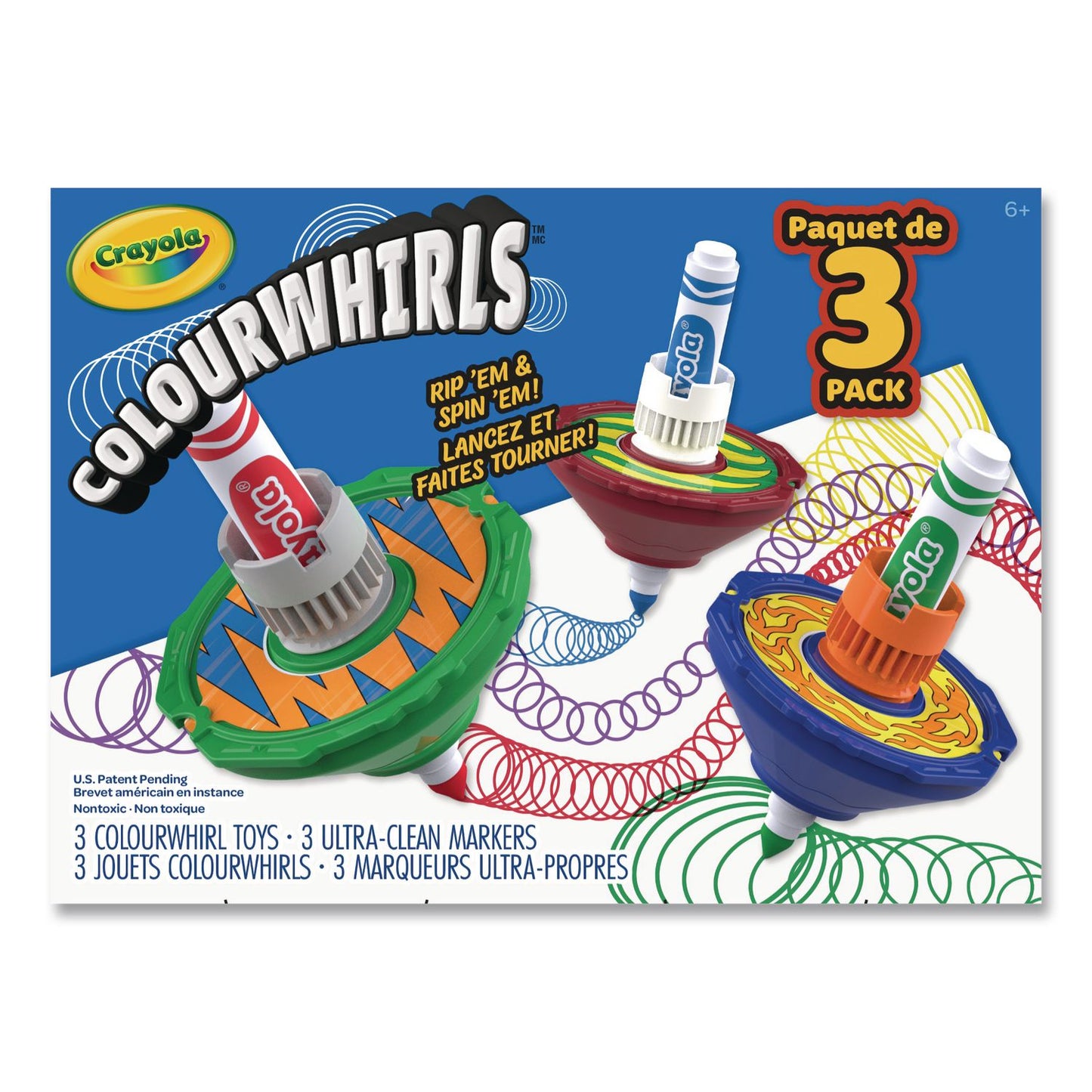 Crayola Colourwhirls Toy with (3) Rip-Cord Spinners and (3) Ultra-Clean Washable Markers, Ages 6 and Up, 12 Pieces (747647)