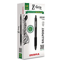 Zebra Z-Grip Recycled Retractable Ballpoint Pen, Medium 1 mm, Black Ink, Black Barrel, Dozen (20610)