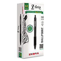Zebra Z-Grip Recycled Retractable Ballpoint Pen, Medium 0.7 mm, Black Ink, Black Barrel, Dozen (20710)