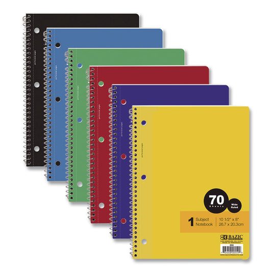 BAZIC Spiral Notebooks, 1-Subject, Wide Rule, Assorted Color Covers, (70) 10.5 x 8 Sheets, 24/Carton (559)