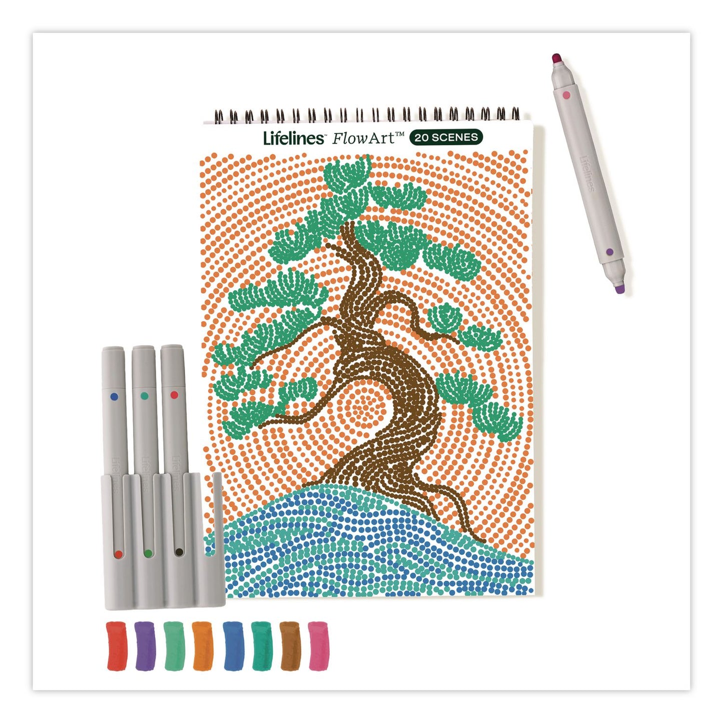 Lifelines FlowArt Dot-By-Letter Coloring Book, Landscapes, with 4 Double-Sided Markers, All Ages, 20 Pages (165008)