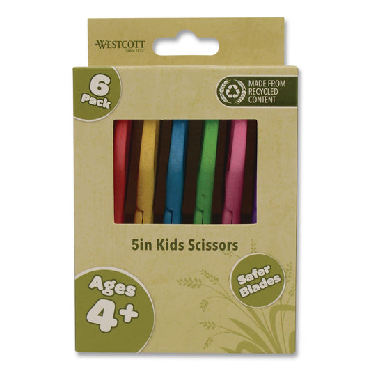 Westcott KleenEarth Rice Husk Kids Scissors, Rounded Tip, 5" Long, 2" Cut Length, Straight Assorted Color Handles, 6/Pack (00684)