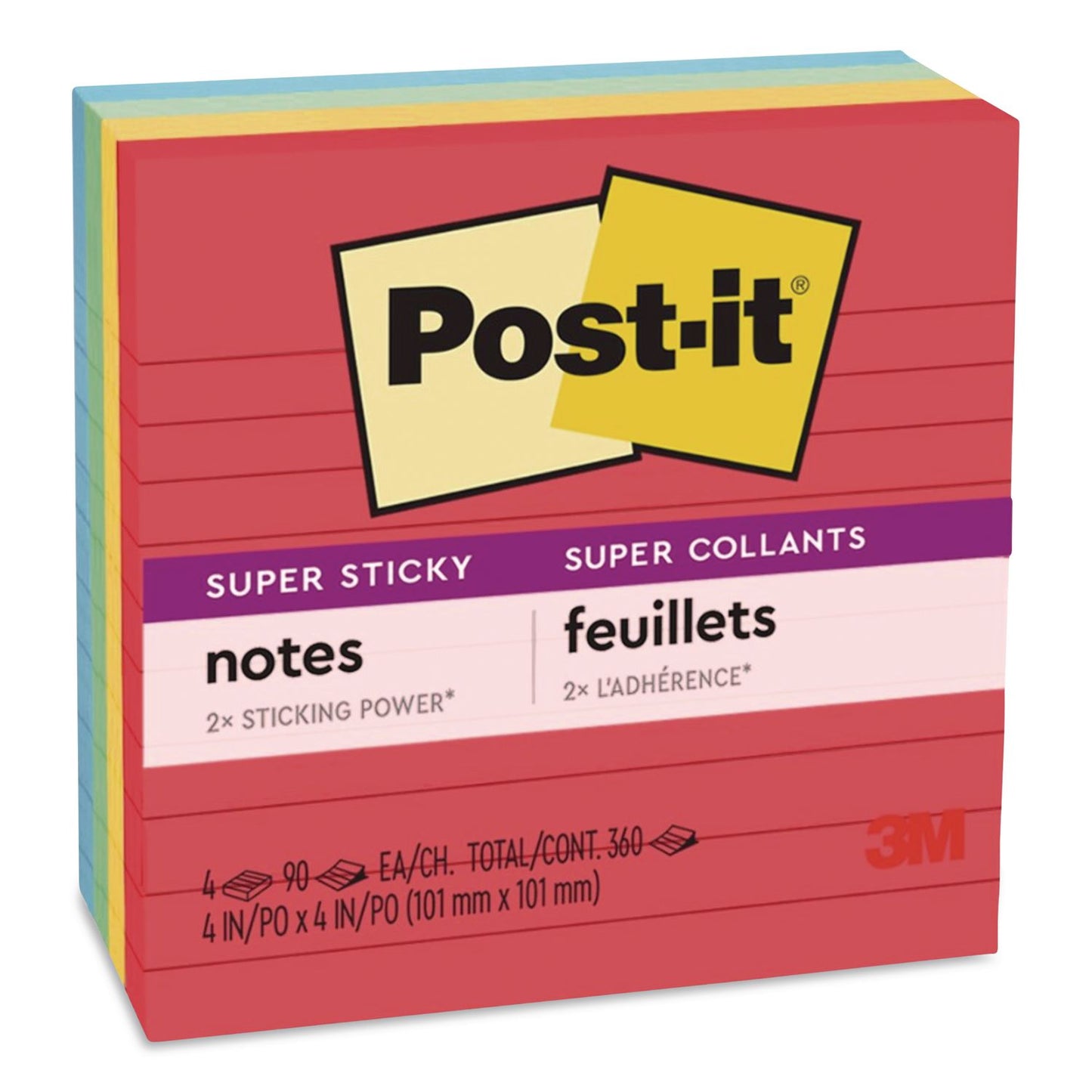 Post-it Pads in Playful Primary Colors, Note Ruled, 4" x 4", 90 Sheets/Pad, 4 Pads/Pack (6754SSAN)