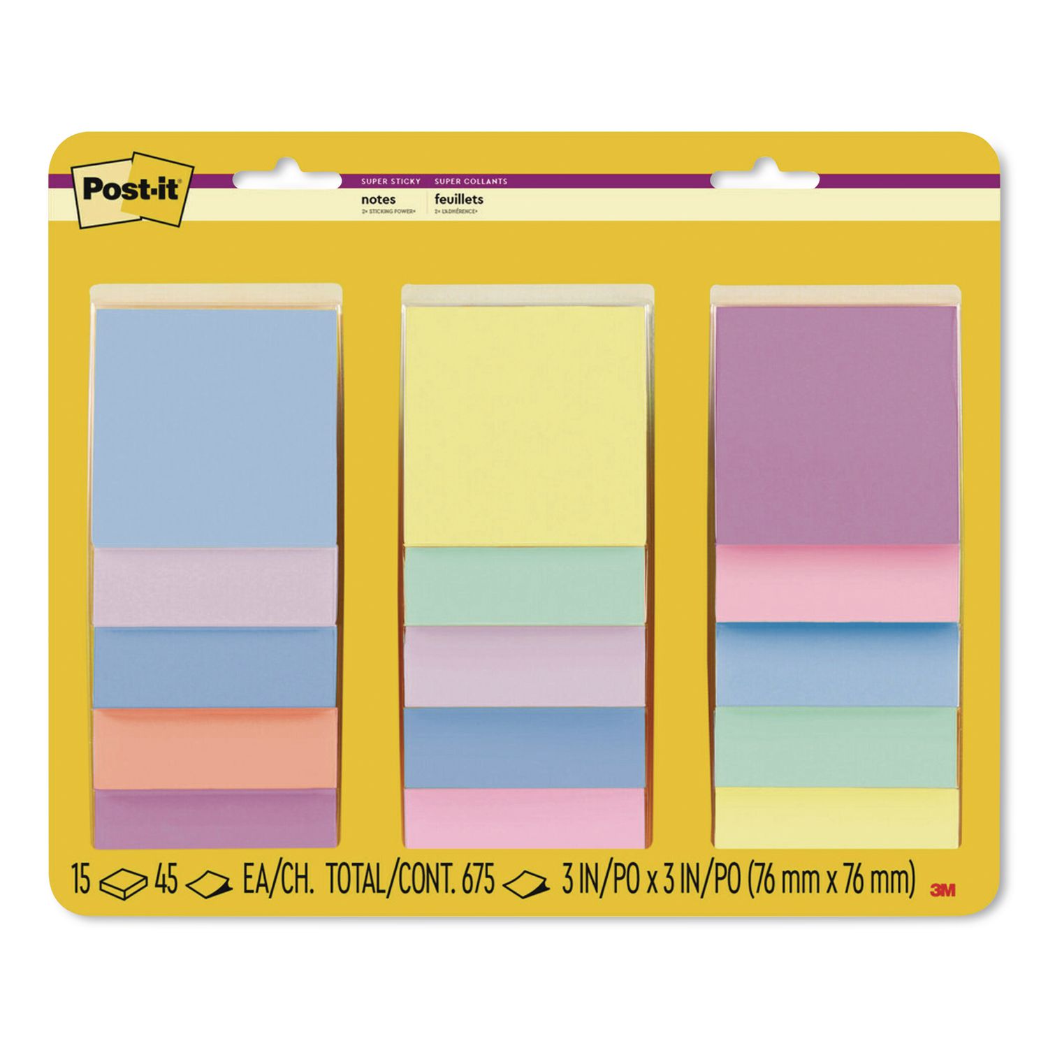 Post-it Super Sticky Notes, 3" x 3", Randomly Assorted Energy Boost and Playful Primaries Colors, 45 Sheets/Pad, 15 Pads/Pack (65415SSPS2)