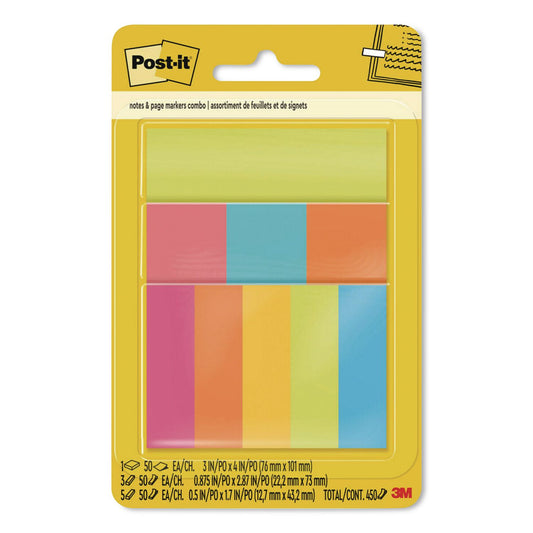 Post-it Combo Pack with Pagemarkers, (1) 3" x 4", (3) 0.88" x 2.87", (5) 0.5" x 1.7", Randomly Assorted Bright Colors, 50 Sheets/Pad (670COMBO)