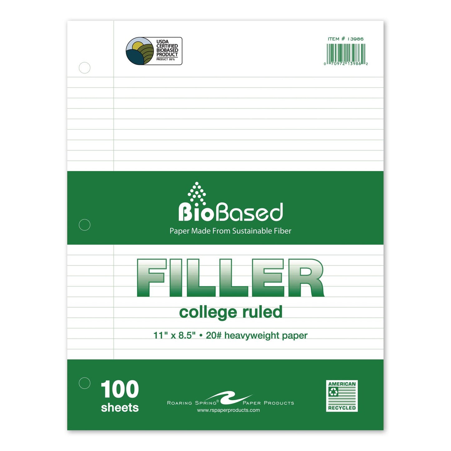 Roaring Spring Heavyweight BioBased Filler Paper, Side: 3-Hole, 8.5 x 11, Medium/College Rule, 100/Pack (13986)