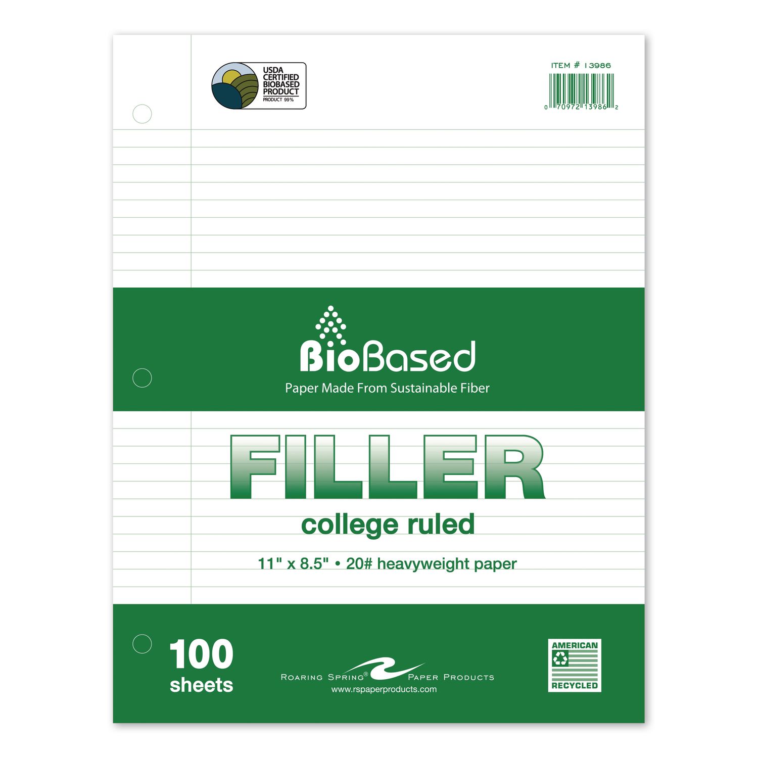 Roaring Spring Heavyweight BioBased Filler Paper, Side: 3-Hole, 8.5 x 11, Medium/College Rule, 100/Pack (13986)