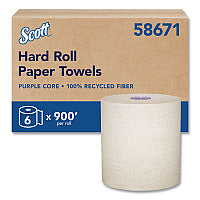 Scott 100% Recycled Hard Roll Paper Towels, 1-Ply, 8" x 900 ft, Brown, 6/Carton (58671CT)