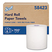 Scott 100% Recycled Hard Roll Paper Towels, 1-Ply, 8" x 700 ft, White, 6/Carton (58423CT)