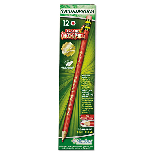 Ticonderoga Erasable Colored Pencils, 2.6 mm, 2B, Carmine Red Lead, Carmine Red Barrel, 12/Pack (142590002)