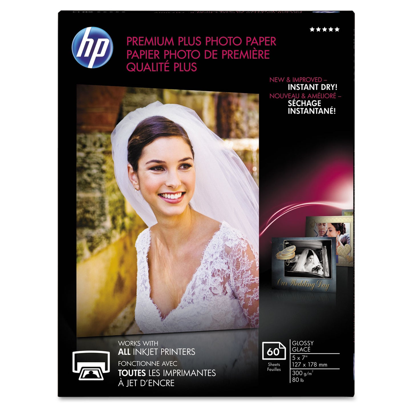 HP Premium Plus Photo Paper, 11.5 mil, 5 x 7, Glossy White, 60/Pack (CR669A)