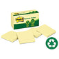 Post-it Original Recycled Note Pads, 3" x 3", Canary Yellow, 100 Sheets/Pad, 12 Pads/Pack (654RPYW)