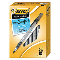BIC Round Stic Grip Xtra Comfort Ballpoint Pen Value Pack, Easy-Glide, Stick, Medium 1.2 mm, Black Ink, Gray/Black Barrel, 36/PK (GSMG361BK)