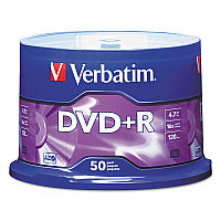 Verbatim DVD+R Recordable Disc, 4.7 GB, 16x, Spindle, Matte Silver, 50/Pack (95037)
