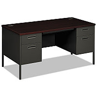 HON Metro Classic Series Double Pedestal Desk, Flush Panel, 60" x 30" x 29.5", Mahogany/Charcoal (P3262NS)