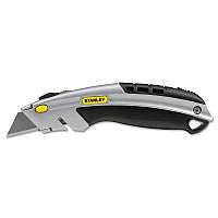 Stanley Curved Quick-Change Utility Knife, Stainless Steel Retractable Blade, 3 Blades, 6.5" Metal Handle, Black/Chrome (10788)