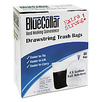 BlueCollar Drawstring Trash Bags, Drawstring, 13 gal, 24" x 28", White, 80 Bags/Box, 6 Boxes/Carton (N4828EWRC1CT)
