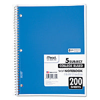 Mead Spiral Notebook, 5-Subject, Medium/College Rule, Randomly Assorted Cover Color, (200) 11 x 8 Sheets (06780)