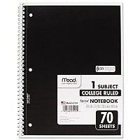 Mead Spiral Notebook, 3-Hole Punched, 1-Subject, Medium/College Rule, Randomly Assorted Cover Color, (70) 10.5 x 7.5 Sheets (05512)
