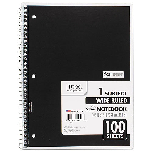 Mead Spiral Notebook, 1 Subject, Wide Rule, Assorted Covers, 10.5 x 7.5, 100 Sheets