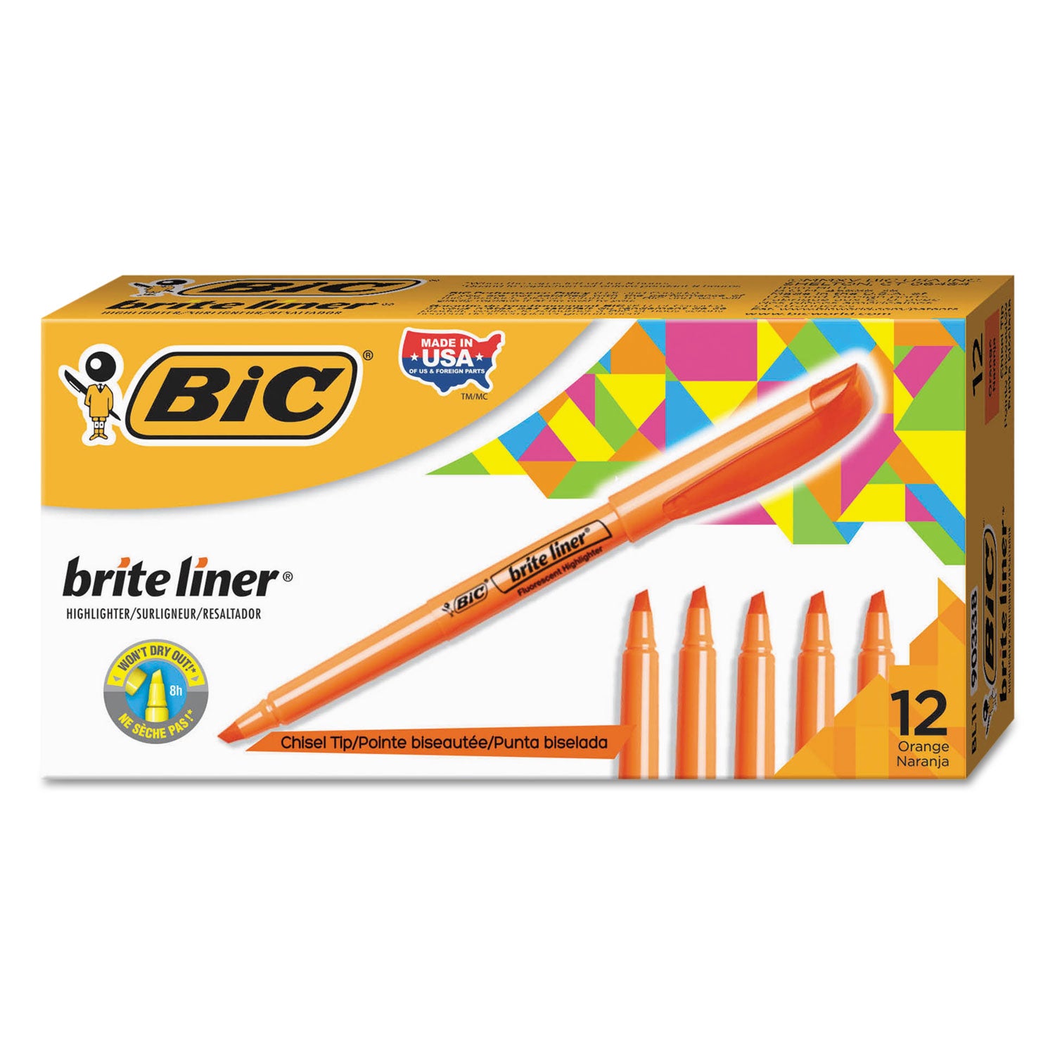 BIC Brite Liner Highlighter, Fluorescent Orange Ink, Chisel Tip, Orange/Black Barrel, Dozen (BL11OE)