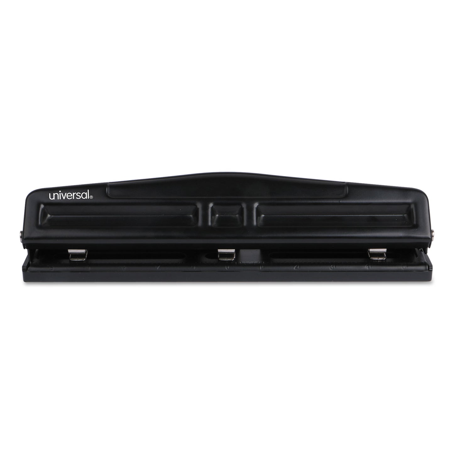 Universal 12-Sheet Deluxe Two- and Three-Hole Adjustable Punch, 9/32" Holes, Black (UNV74323)