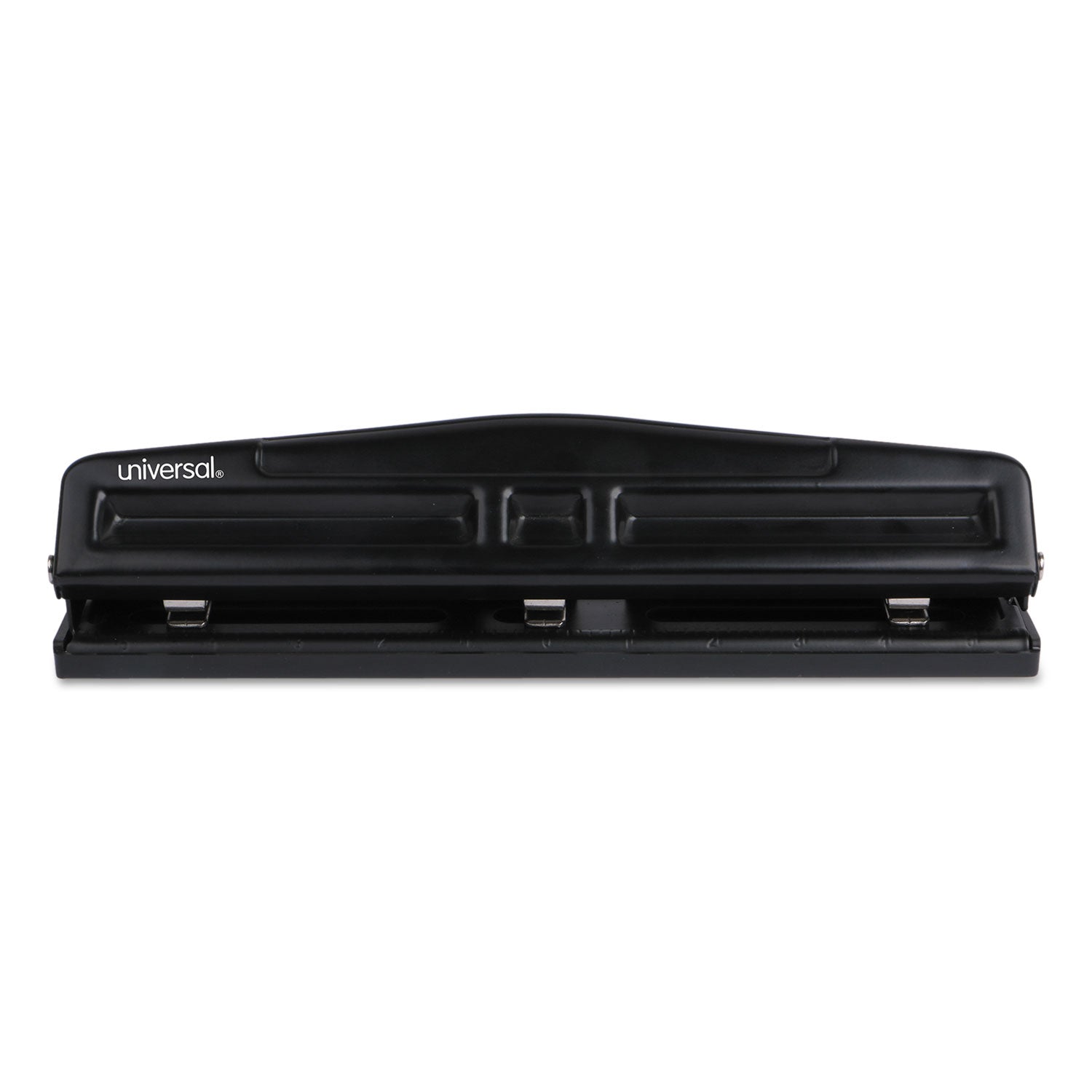 Universal 12-Sheet Deluxe Two- and Three-Hole Adjustable Punch, 9/32" Holes, Black (UNV74323)