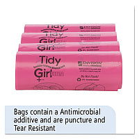 Tidy Girl Feminine Hygiene Sanitary Disposal Bags, 4" x 4" x 10", Pink/Black, 150 Bags/Roll, 4 Rolls/Carton (TGUF)